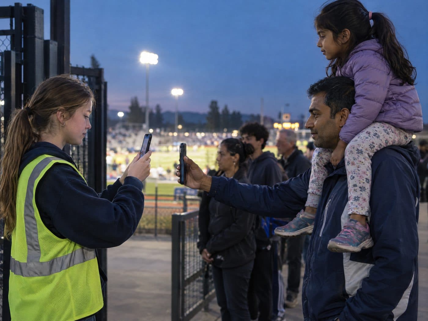 A student volunteer scans the ticket a dad holds out on his phone at the stadium gate, his daughter riding on his shoulders